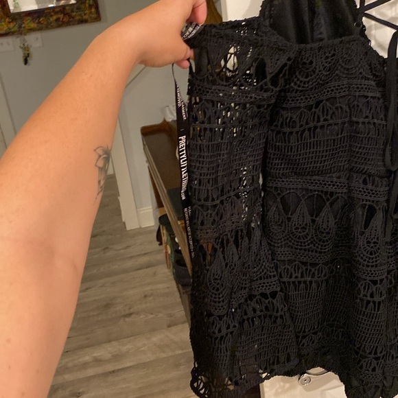 Long-sleeve off shoulder, Black Crochet Romper with tie straps down the back - Picture 3 of 11